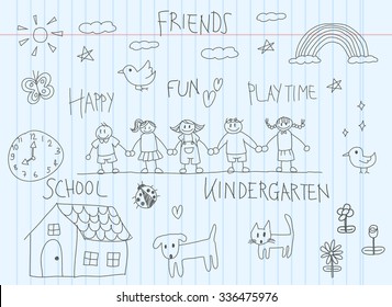 Kindergarten children doodle drawing of a friend and kid imagination environment such as animal house flower and rainbow in cartoon style in school notebook paper background with handwriting (vector)
