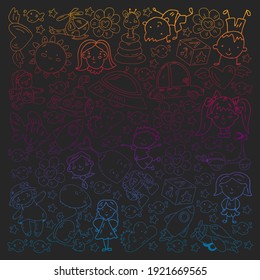 Kindergarten children. Doodle set of objects for kids. Toys and boys and girls. Vector outline icons