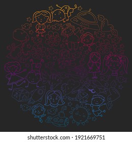 Kindergarten children. Doodle set of objects for kids. Toys and boys and girls. Vector outline icons