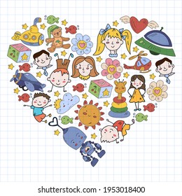 Kindergarten children. Doodle set of objects for kids. Toys and boys and girls. Vector outline icons
