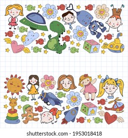 Kindergarten children. Doodle set of objects for kids. Toys and boys and girls. Vector outline icons