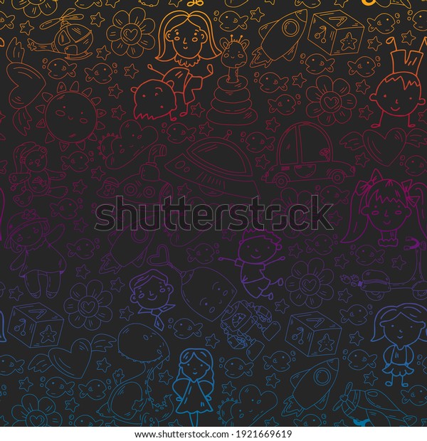 Kindergarten children. Doodle set of\
objects for kids. Toys and boys and girls. Vector outline\
icons