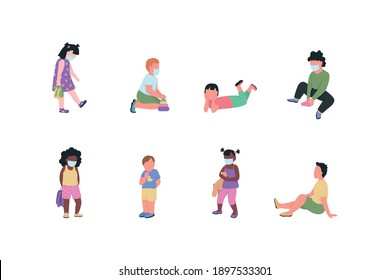 Kindergarten children flat color vector faceless characters set. Preschool kids in medical mask. New normal isolated cartoon illustration for web graphic design and animation collection