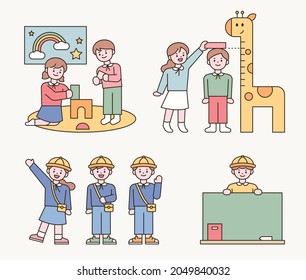 Kindergarten Children Are Having Fun With Their Friends. Outline Simple Vector Illustration.