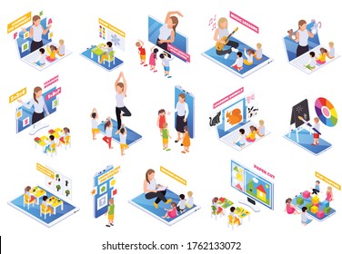 Kindergarten children home education on laptop smartphone screen with reading math drawing  online isometric set vector illustration  