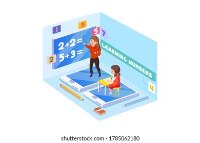 Kindergarten children home education on laptop smartphone screen with reading math drawing online