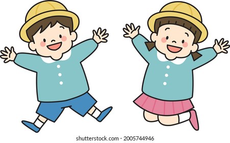 Kindergarten children jump with open arms