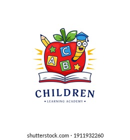 Kindergarten children learning school academy logo with apple and golden worm illustration logo cartoon style