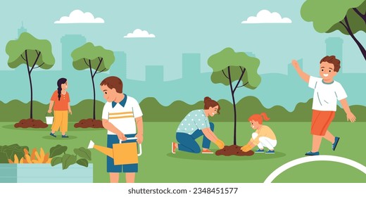 Kindergarten children planting trees watering plants and helping out in garden flat vector illustration