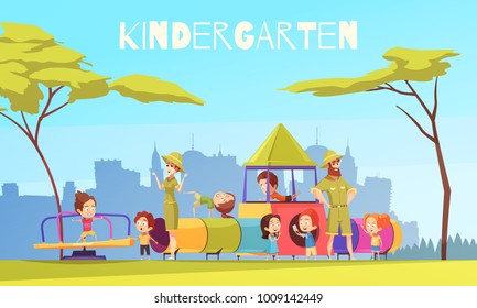 Kindergarten children playground composition with urban scenery silhouettes and group of pre-schoolers with nursery teachers vector illustration