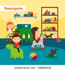 Kindergarten. Children Playing In Kinder Garden. Vector Illustration