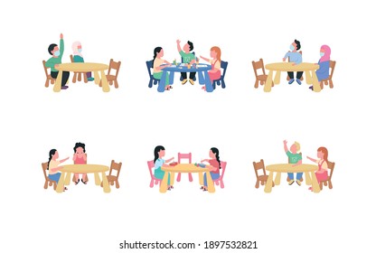 Kindergarten children sitting at table flat color vector faceless characters set. Elementary grade lesson. Preschool class isolated cartoon illustration for web graphic design and animation collection