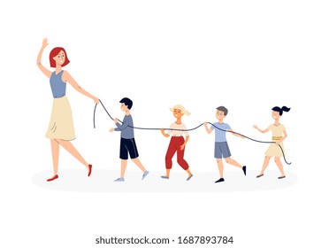 Kindergarten Children Walking Behind Teacher In Straight Line Holding Safety Rope. Cartoon Kids Following Adult Woman With String, Flat Isolated Vector Illustration.