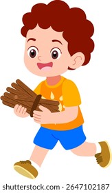 Crianças do jardim de infância personagens do menino jogando ao ar livre Lenha de fogo