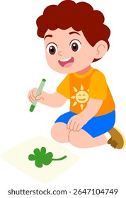 Kindergarten children's boy characters playing outdoors Drawing green leaf