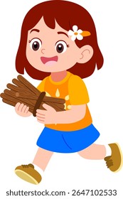 Kindergarten children's girl characters playing outdoors Firewood