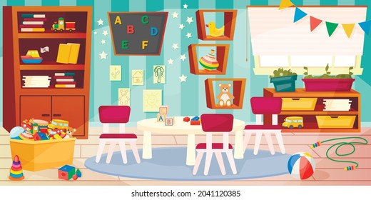 Kindergarten. Children's room interior. Educational toys, table, chalk board. Playroom. Vector illustration in modern cartoon style.