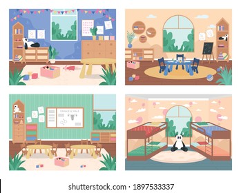 Kindergarten class with no people flat color vector illustration set. Playroom for children with tables, chairs. Preschool playroom 2D cartoon interior with furniture and toys on background collection