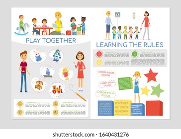 Kindergarten class and students - colorful vector brochure template with cartoon characters. Flyer layout with nursery teacher and happy children playing toys, boys and girls learning traffic rules