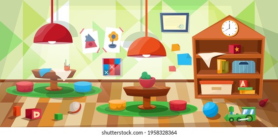 Kindergarten class without children. School class with tables and toys. Vector interior.