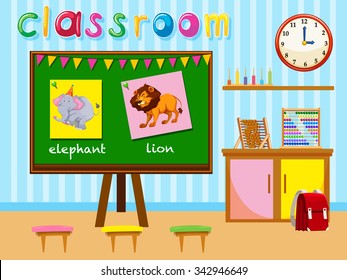 Kindergarten classroom and board   chairs illustration