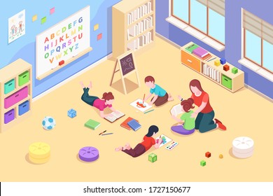Kindergarten Classroom With Children Playing And Reading, Painting. Preschool Teacher With Kids. Isometric Room With Toys And Chalkboard. Playroom For Baby. Vector Design. Education And Childhood