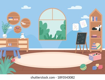 Kindergarten Classroom Flat Color Vector Illustration. Primary Grade Playroom. Preschool Education. Room With Furniture For Kids. Elementary School Class 2D Cartoon Interior With Window On Background