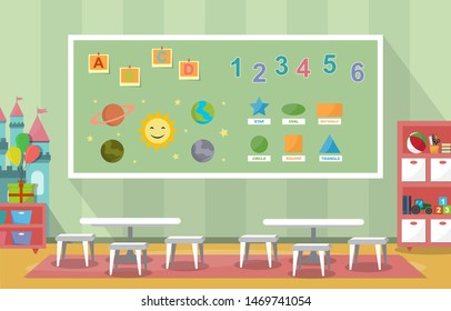 Kindergarten Classroom Interior Children Kids School Toys Furniture Vector Illustration