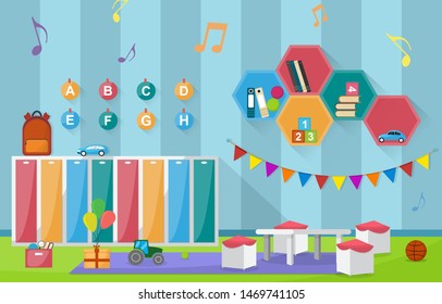 Kindergarten Classroom Interior Children Kids School Toys Furniture Vector Illustration