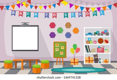 Kindergarten Classroom Interior Children Kids School Toys Furniture Vector Illustration