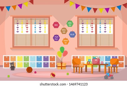 Kindergarten Classroom Interior Children Kids School Toys Furniture Vector Illustration