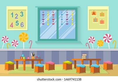 Kindergarten Classroom Interior Children Kids School Toys Furniture Vector Illustration