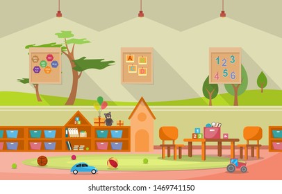 Kindergarten Classroom Interior Children Kids School Toys Furniture Vector Illustration