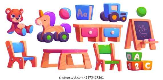 Kindergarten classroom interior furniture and equipment for kids education and play activity - table and chairs, chalkboard and toys. Cartoon vector illustration set of preschool child study and game.