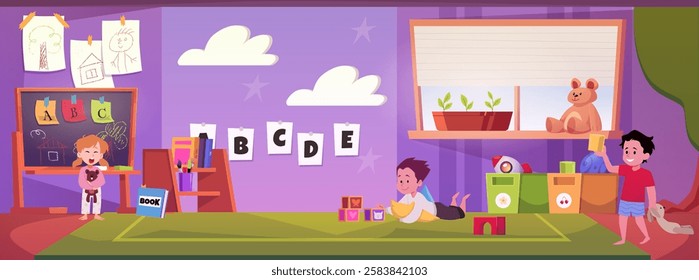 Kindergarten classroom interior with playing little kids vector flat illustration. Cartoon children's activity in the playroom. Nursery school environment for teaching kids and playing games