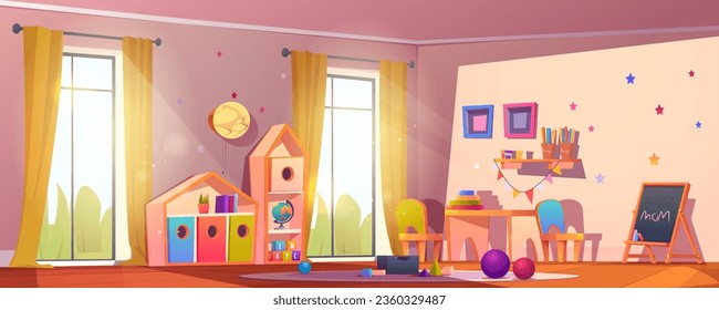 Fondo de dibujos animados en el salón de clases o en el salón de juegos infantil. Juguete para niños, tablero de pintura y muebles de mesa en la ilustración interior de guardería preescolar. Dibujo de espacio de recreación para bebés de bebé pequeño