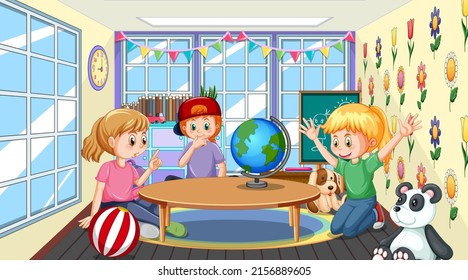 Kindergarten classroom scene with children illustration