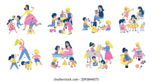 Kindergarten color set of isolated compositions with characters of nursery teachers with kids toys and books vector illustration