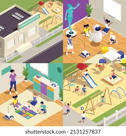 Icono isométrico coloreado de jardín de infancia frente al edificio de afuera, el interior y los niños jugando mientras están en kindergarten ilustración vectorial