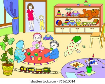 Kindergarten coloring book for children cartoon vector illustration. Colored