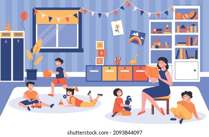 Kindergarten composition with playing room interior with children lying on floor with toys and nursery teacher vector illustration