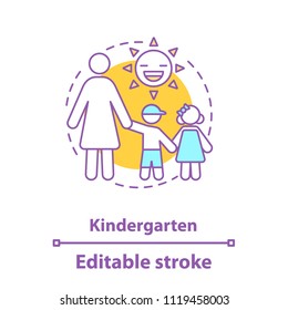 Kindergarten concept icon. Preschool education idea thin line illustration. Mother with two kids. Motherhood. Vector isolated outline drawing. Editable stroke
