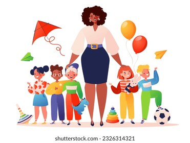 Kindergarten concept with young smiling female teacher, nanny, and group of children standing in row with toys lying around them, children holding toys in their hands. Preschool cartoon flat vector 