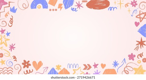 Kindergarten-Buntstiftrahmen mit verspielten Doodles in Pastellfarben. Handgezeichnete Bleistiftskizzen von Sternen und Herzen, Blumen, Pfeilen und abstrakten Formen auf weichem Hintergrund für Kinderdesigns.