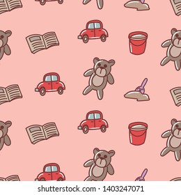 Kindergarten cute illustration seamless pattern, teddy bear, sand, car, book