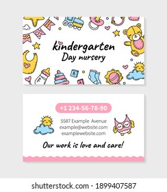 Kindergarten and day nursery visit card for printing in Doodle style, double-sided vector template. Children s cute toys icons