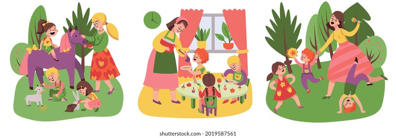 Concepto de diseño de jardines de infancia con un conjunto de tres composiciones aisladas de profesores de guardería y niños jugando juntos ilustración vectorial