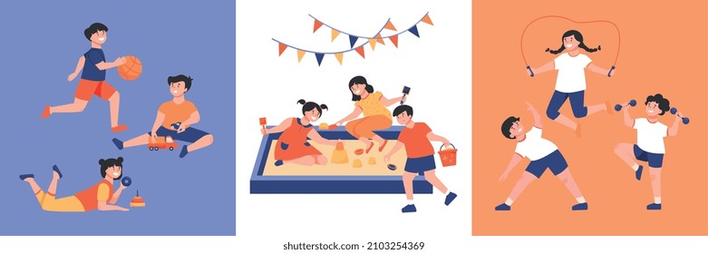 Kindergarten design concept with three square compositions of little children playing with toys and doing sports vector illustration