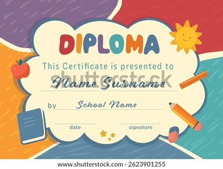 Kindergarten diploma certificate template with cloud school supplies sun and colorful background