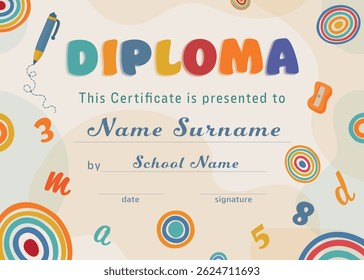 Kindergarten diploma certificate template with school supplies numbers and letters